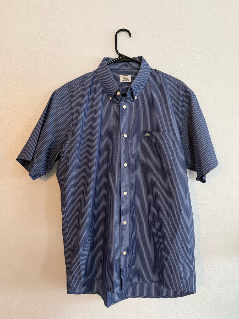 Lacoste Men’s Blue Striped Short Sleeve Button Down Shirt Size 42 L